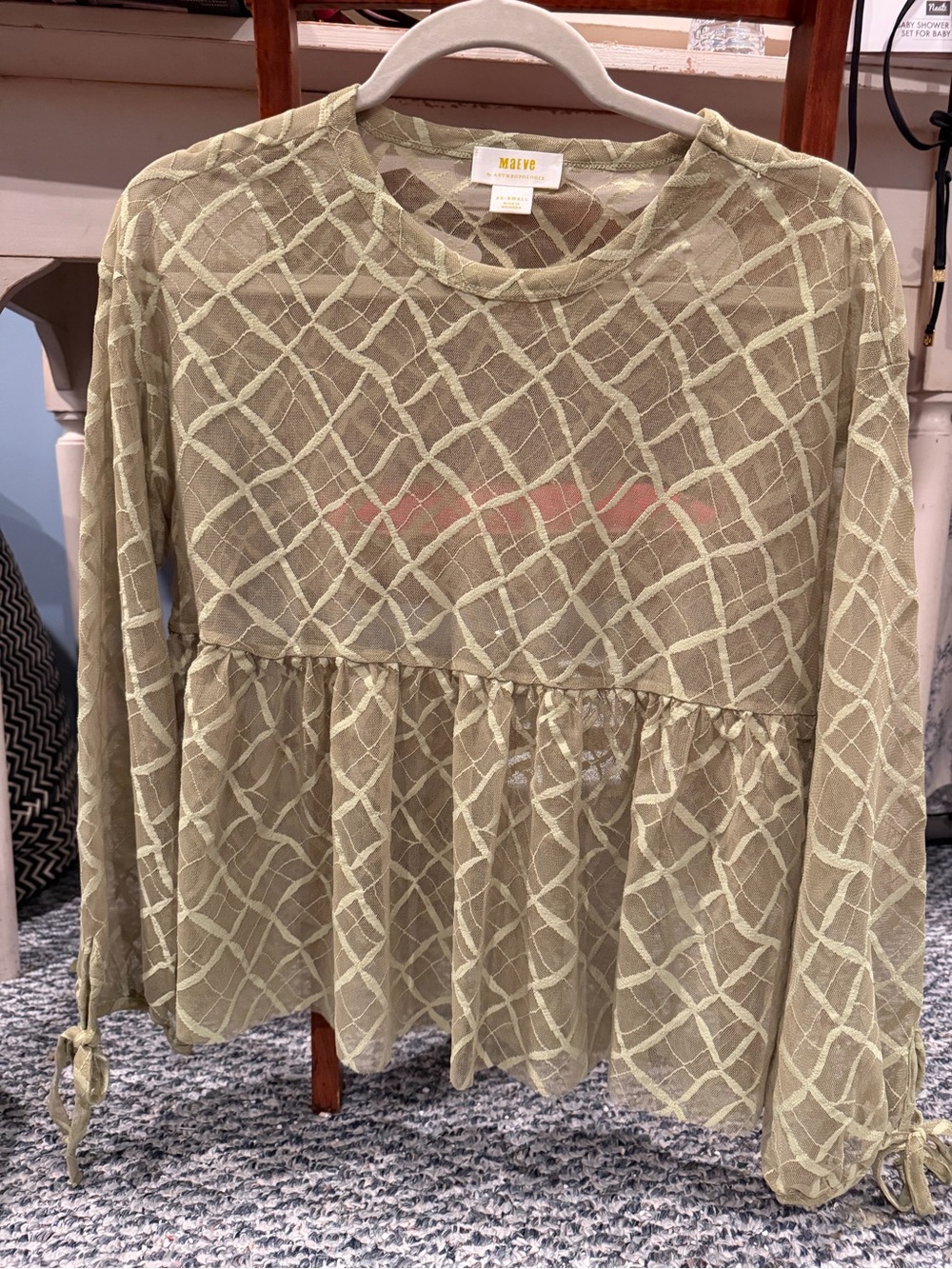 Anthropologie Olive Green Lattice Sheer Peplum Long-Sleeve Top